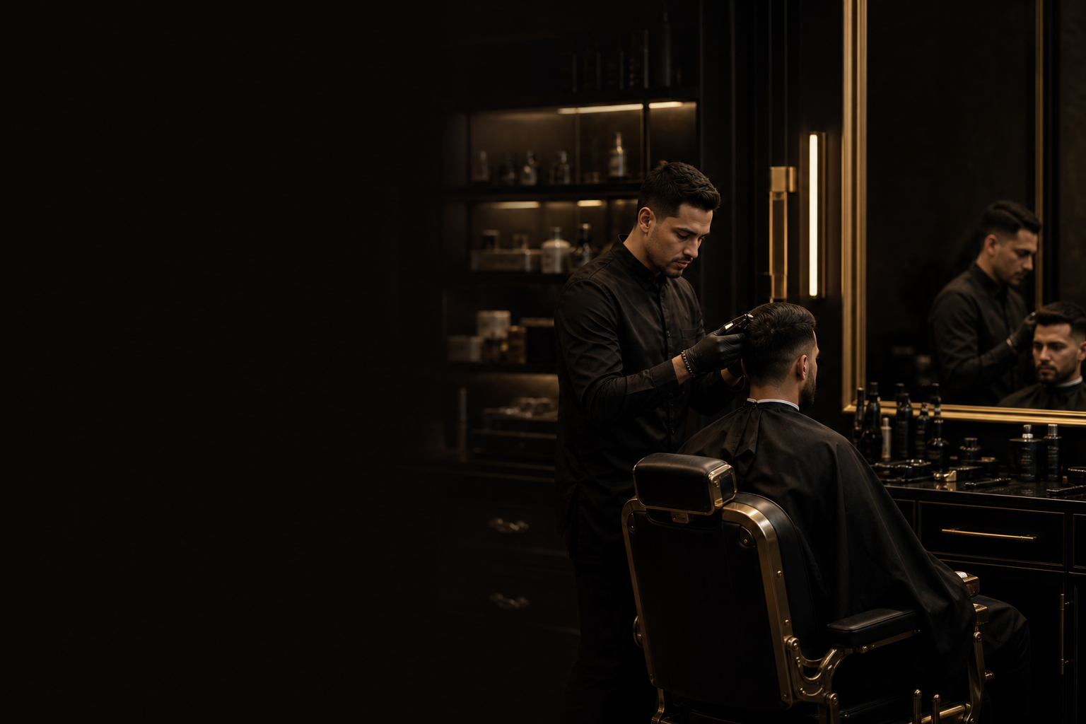 barbearia premium com aluno em prática, espelho, bancada escura e ambiente profissional